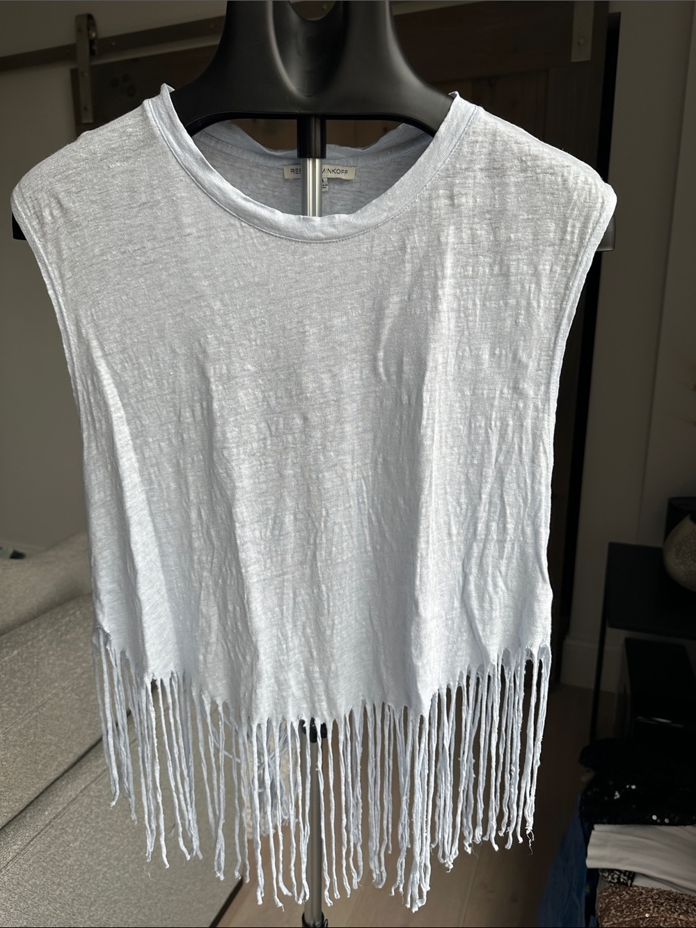 Rebecca Minkoff 100% Linen Fringe Hem Top light Blue/Grey
